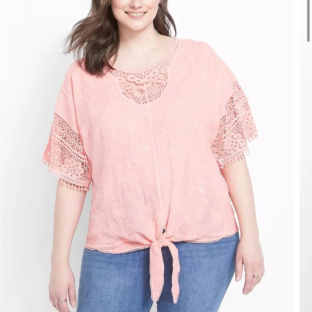 Lane Bryant Light Pink Tie-Hem Lace Crochet Short Sleeve Top Size 22/24